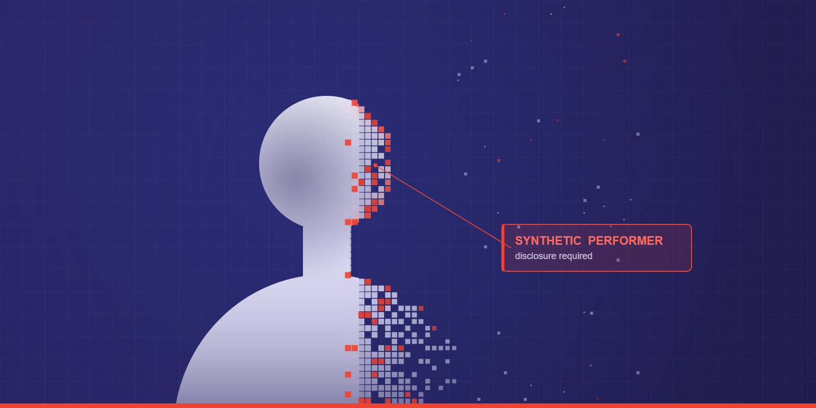 Abstract dot-mesh human figure dissolving into pixels, tagged as a synthetic performer requiring disclosure